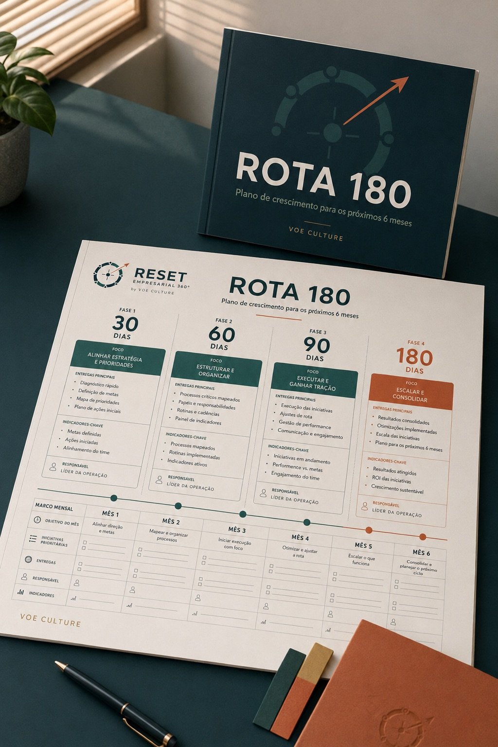 Mockup do plano Rota 180, com fases de 30, 60, 90 e 180 dias