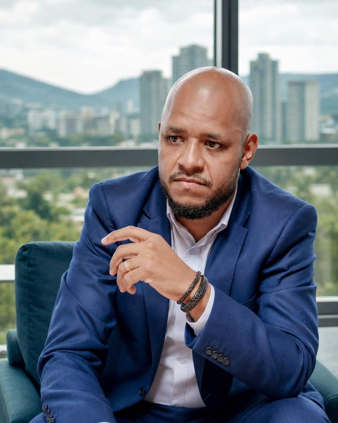 Jader Pires, sentado, com vista da cidade ao fundo
